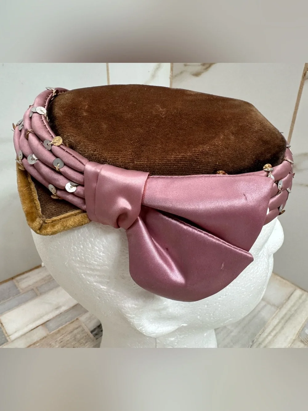 Vintage Brown Velvet Pillbox Hat Pink Satin Bow Sequin Trim Women’s Unbranded